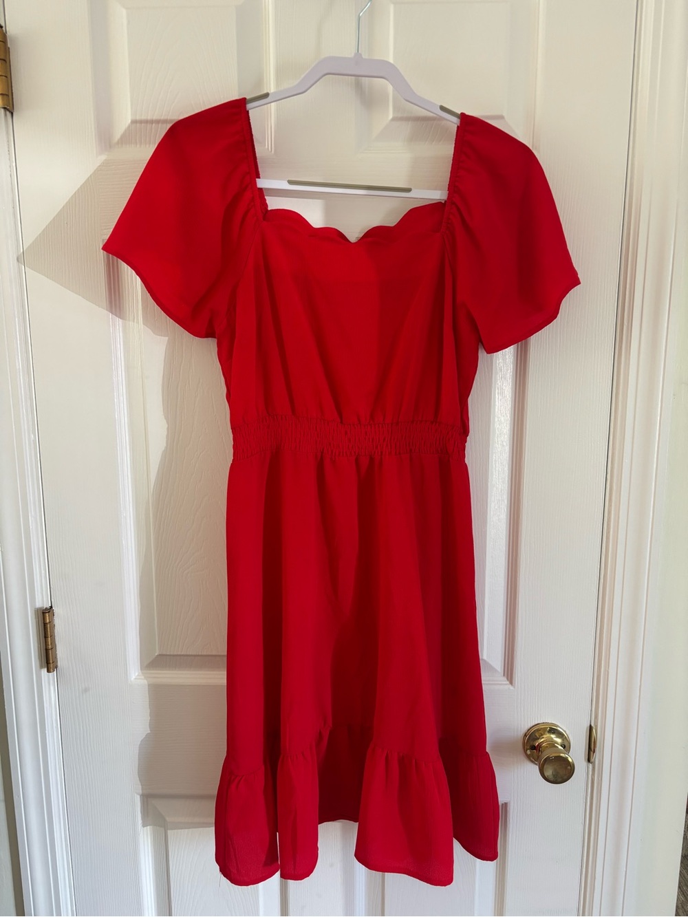 The Perfect Red Dress with a Scalloped Neck a flutter sleeves